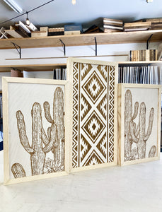 Three Piece Aztec & Cactus Artwork Set | Cactus Wood Wall Decor