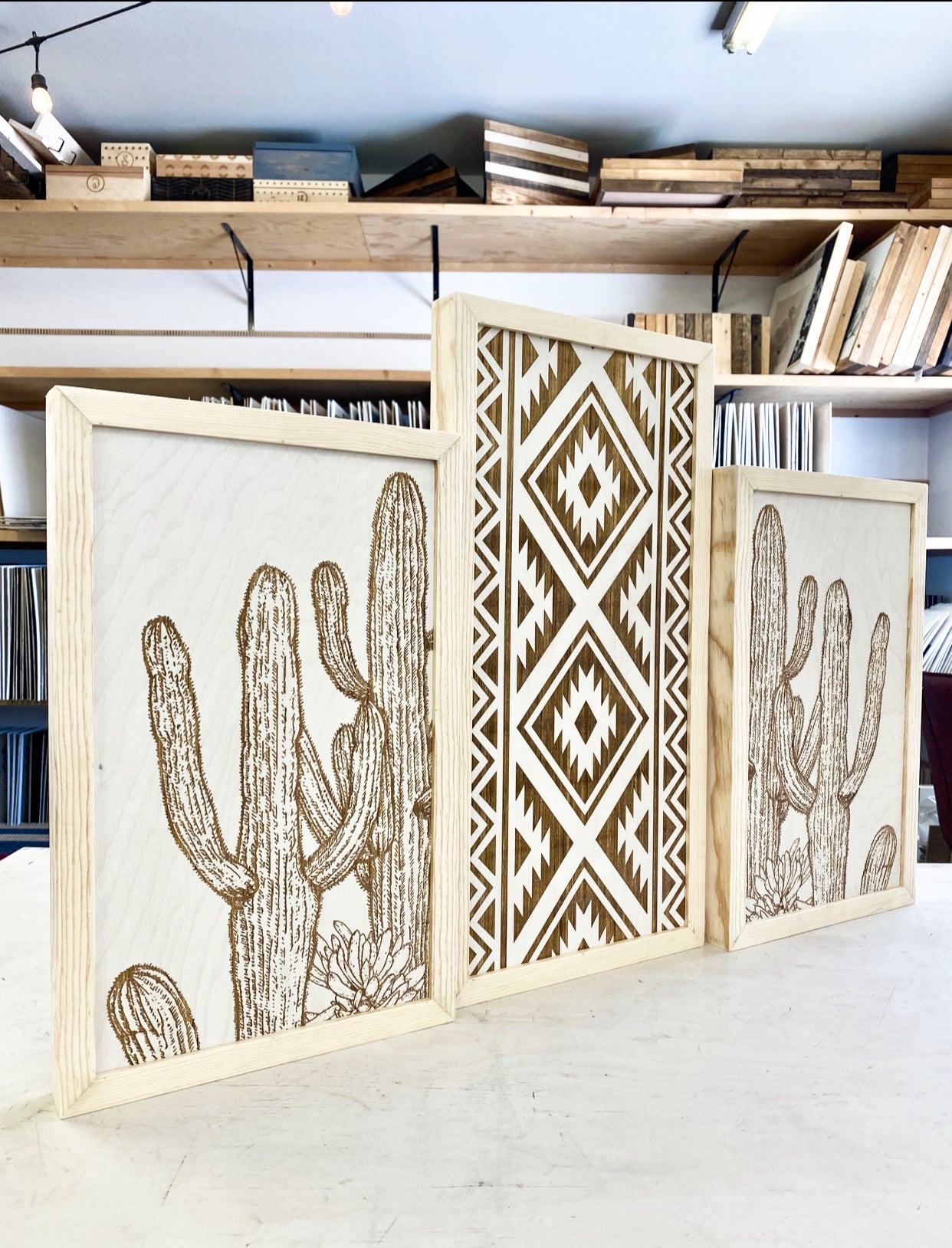Three Piece Aztec & Cactus Artwork Set | Cactus Wood Wall Decor