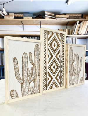 Three Piece Aztec & Cactus Artwork Set | Cactus Wood Wall Decor