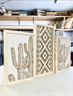 Load image into Gallery viewer, Three Piece Aztec &amp; Cactus Artwork Set | Cactus Wood Wall Decor
