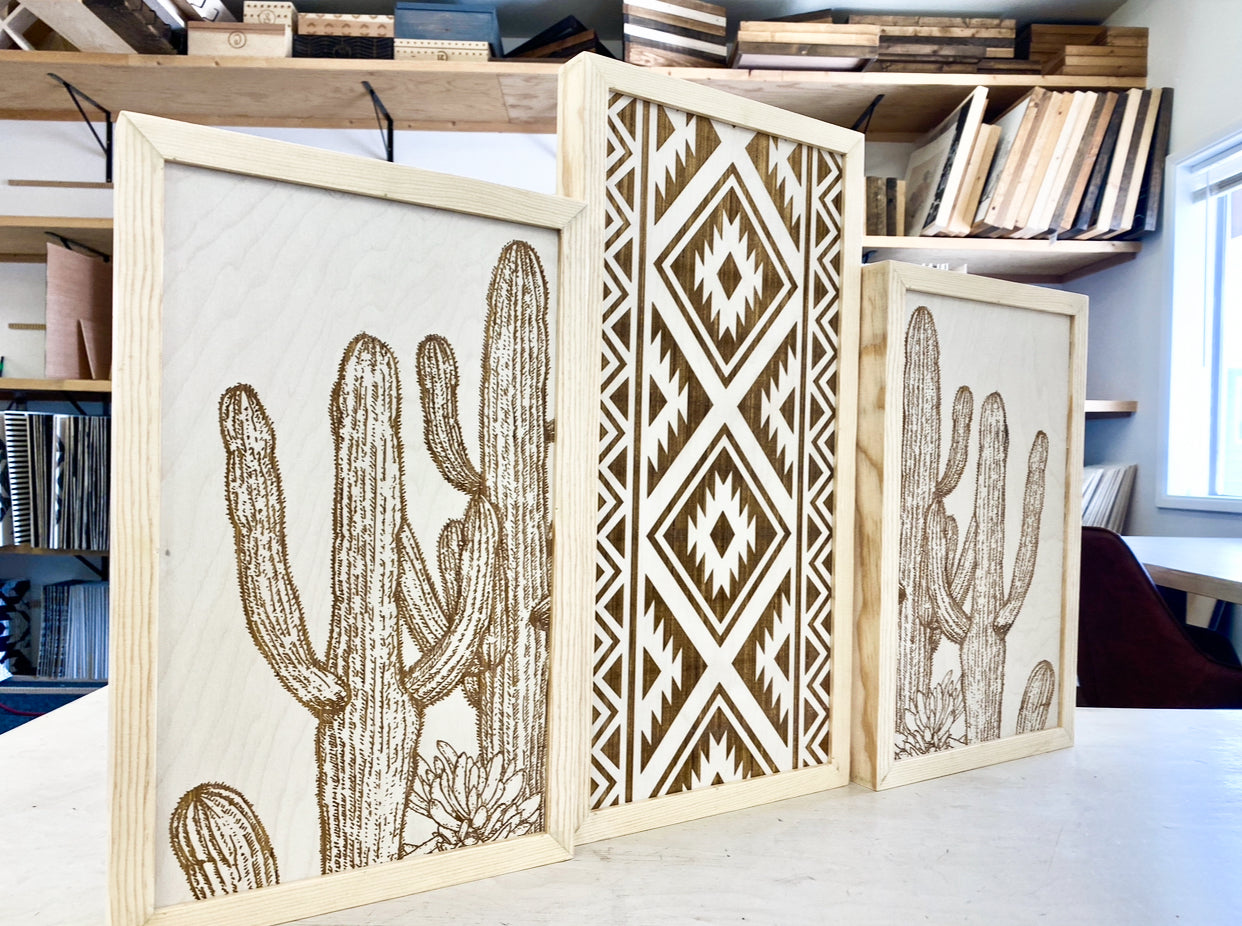 Three Piece Aztec & Cactus Artwork Set | Cactus Wood Wall Decor