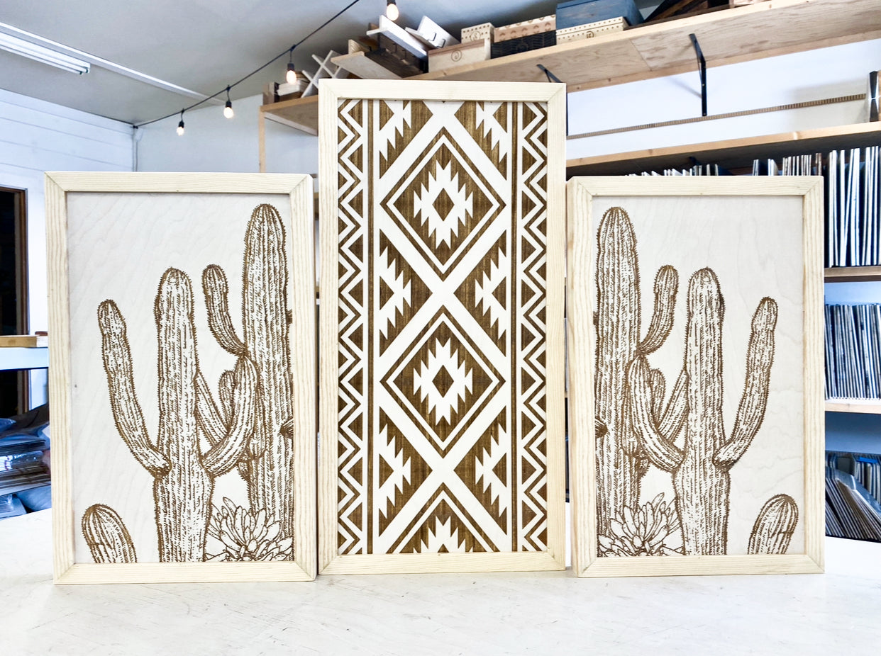Three Piece Aztec & Cactus Artwork Set | Cactus Wood Wall Decor