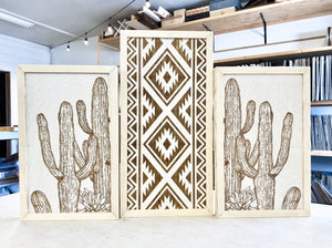 Three Piece Aztec & Cactus Artwork Set | Cactus Wood Wall Decor