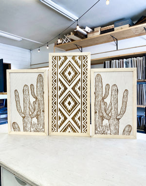 Three Piece Aztec & Cactus Artwork Set | Cactus Wood Wall Decor