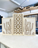 Load image into Gallery viewer, Three Piece Aztec &amp; Cactus Artwork Set | Cactus Wood Wall Decor
