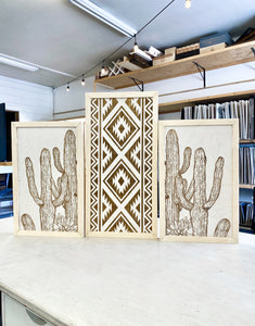 Three Piece Aztec & Cactus Artwork Set | Cactus Wood Wall Decor