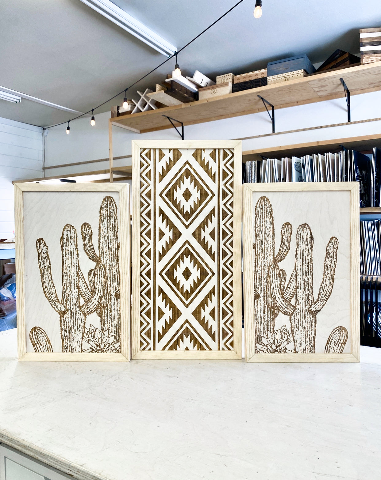 Three Piece Aztec & Cactus Artwork Set | Cactus Wood Wall Decor
