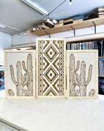 Load image into Gallery viewer, Three Piece Aztec &amp; Cactus Artwork Set | Cactus Wood Wall Decor
