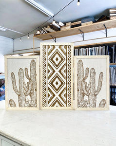 Three Piece Aztec & Cactus Artwork Set | Cactus Wood Wall Decor