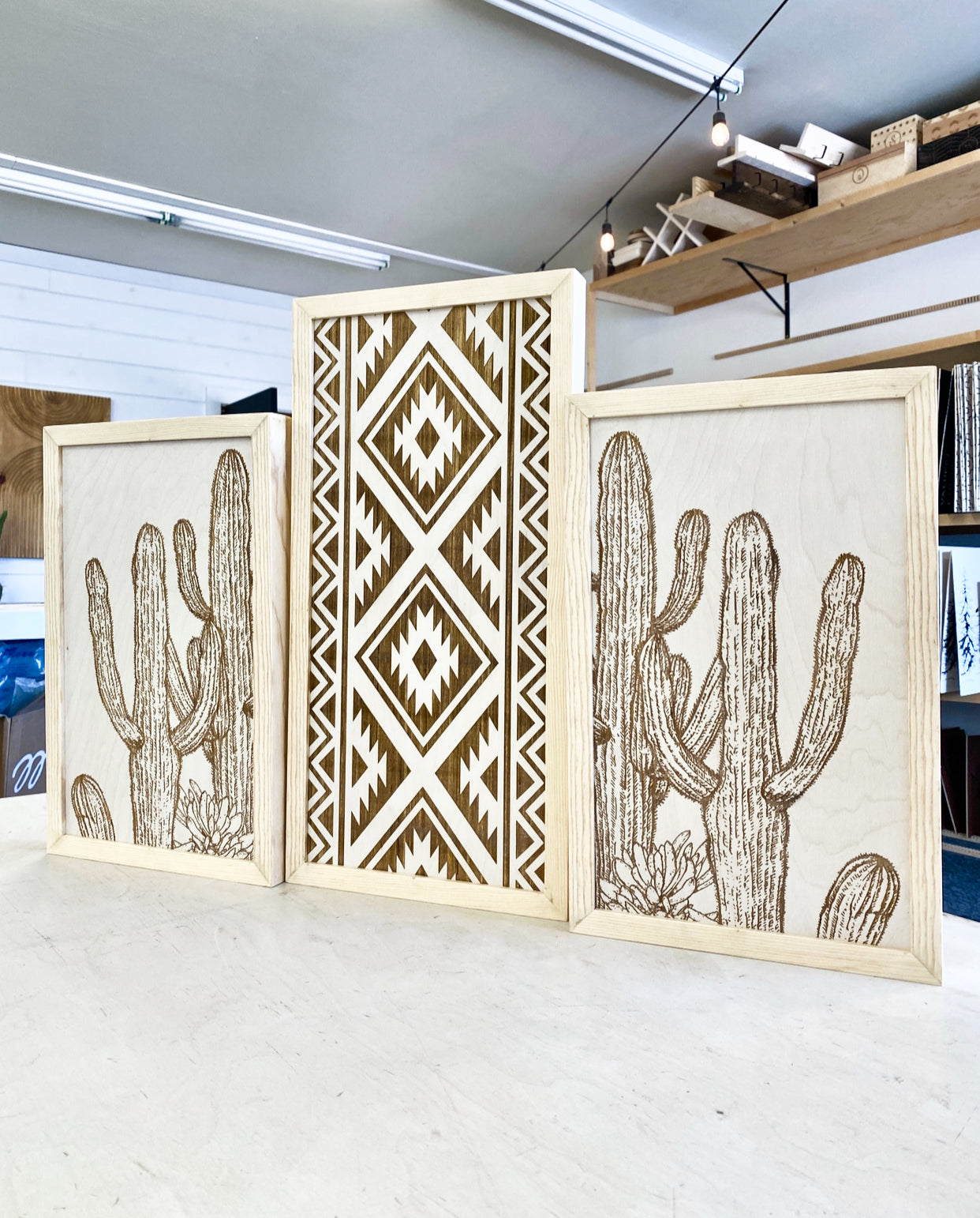 Three Piece Aztec & Cactus Artwork Set | Cactus Wood Wall Decor