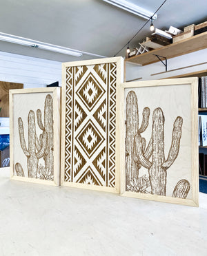 Three Piece Aztec & Cactus Artwork Set | Cactus Wood Wall Decor