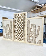 Load image into Gallery viewer, Three Piece Aztec &amp; Cactus Artwork Set | Cactus Wood Wall Decor
