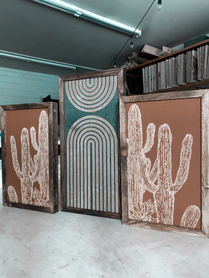 Three Piece Rainbow & Cactus Artwork Set | Cactus Wood Wall Decor