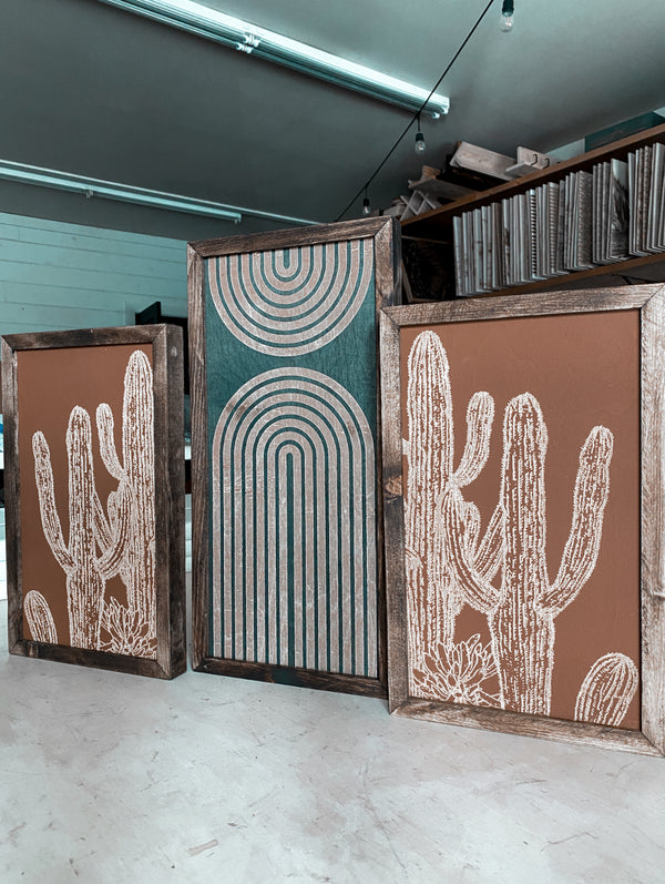 Three Piece Rainbow & Cactus Artwork Set | Cactus Wood Wall Decor