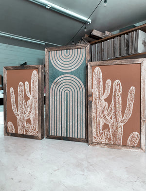 Three Piece Rainbow & Cactus Artwork Set | Cactus Wood Wall Decor