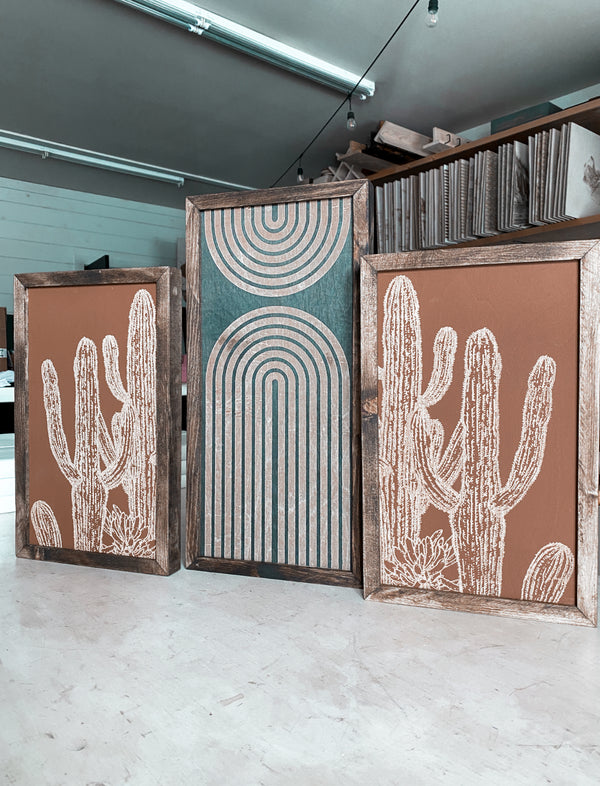 Three Piece Rainbow & Cactus Artwork Set | Cactus Wood Wall Decor