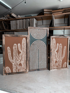 Three Piece Rainbow & Cactus Artwork Set | Cactus Wood Wall Decor