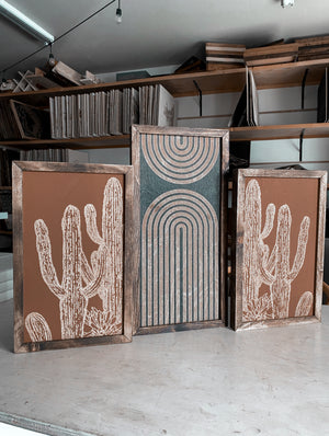 Three Piece Rainbow & Cactus Artwork Set | Cactus Wood Wall Decor