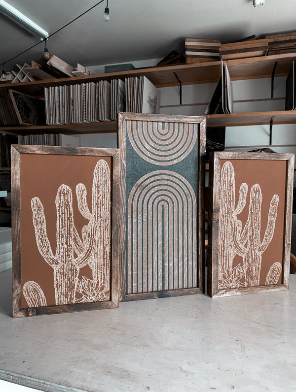 Three Piece Rainbow & Cactus Artwork Set | Cactus Wood Wall Decor