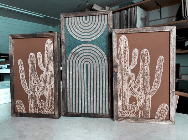 Three Piece Rainbow & Cactus Artwork Set | Cactus Wood Wall Decor