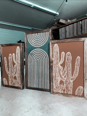 Three Piece Rainbow & Cactus Artwork Set | Cactus Wood Wall Decor