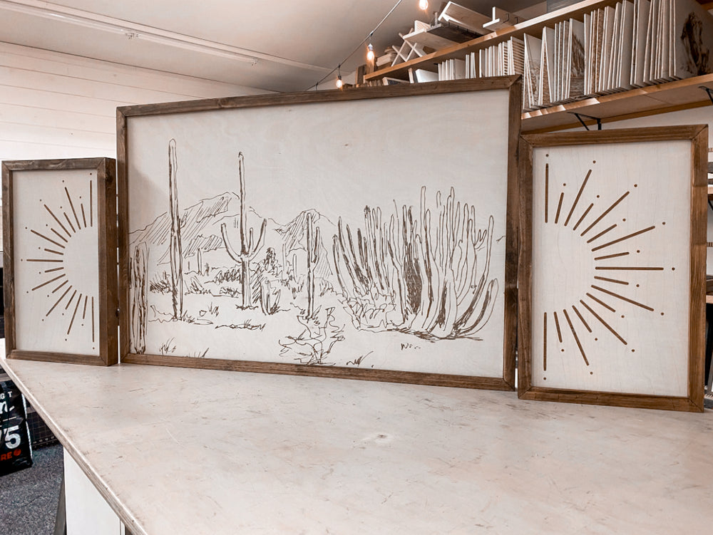 3 Piece Hand Sketched Cactus & Sun Wood Artwork | Boho Cactus Decor