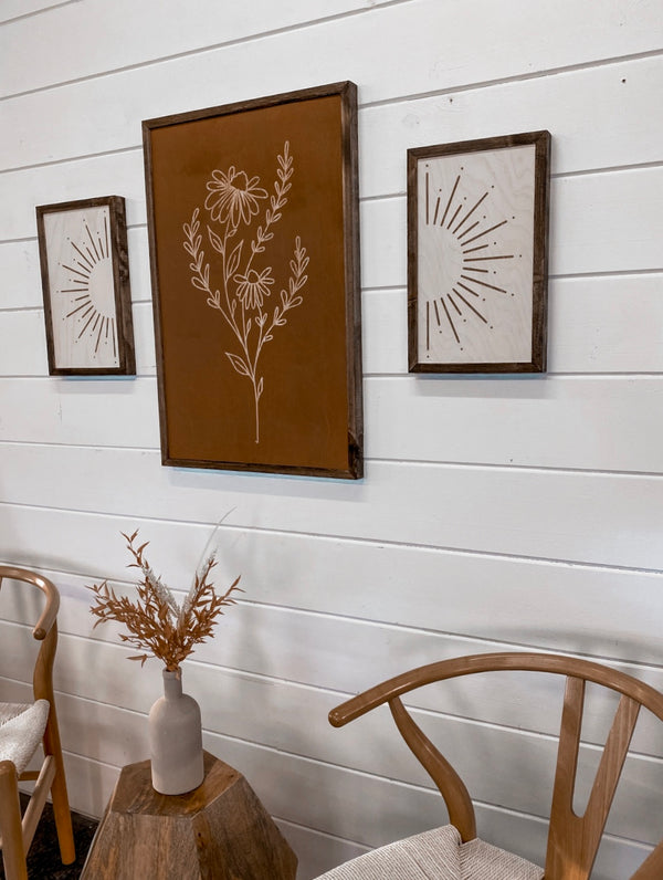 3 Piece Hand Sketched Flower & Sunburst Wood Artwork