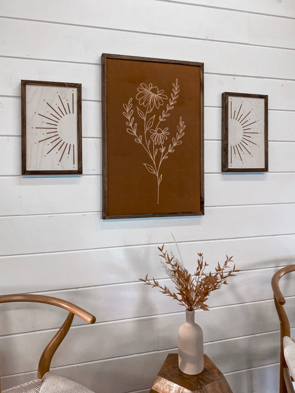 3 Piece Hand Sketched Flower & Sunburst Wood Artwork