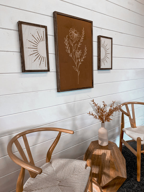 3 Piece Hand Sketched Flower & Sunburst Wood Artwork