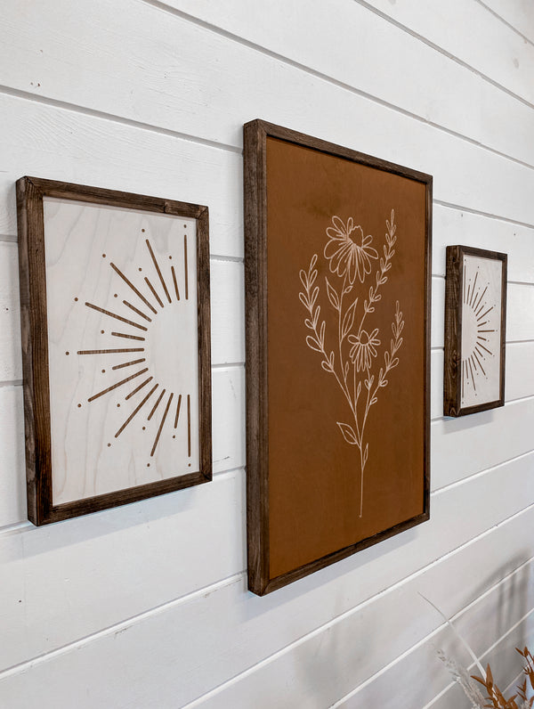 3 Piece Hand Sketched Flower & Sunburst Wood Artwork