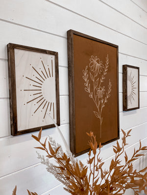 3 Piece Hand Sketched Flower & Sunburst Wood Artwork