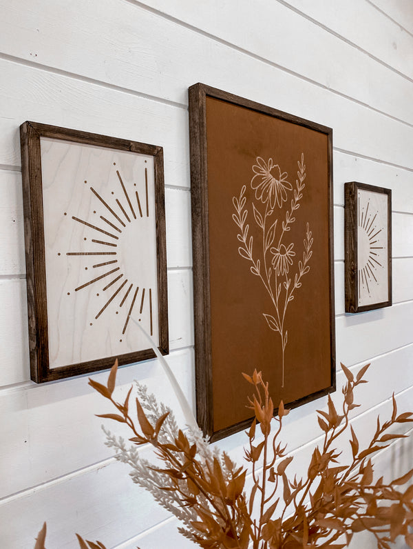 3 Piece Hand Sketched Flower & Sunburst Wood Artwork