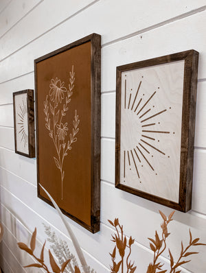 3 Piece Hand Sketched Flower & Sunburst Wood Artwork