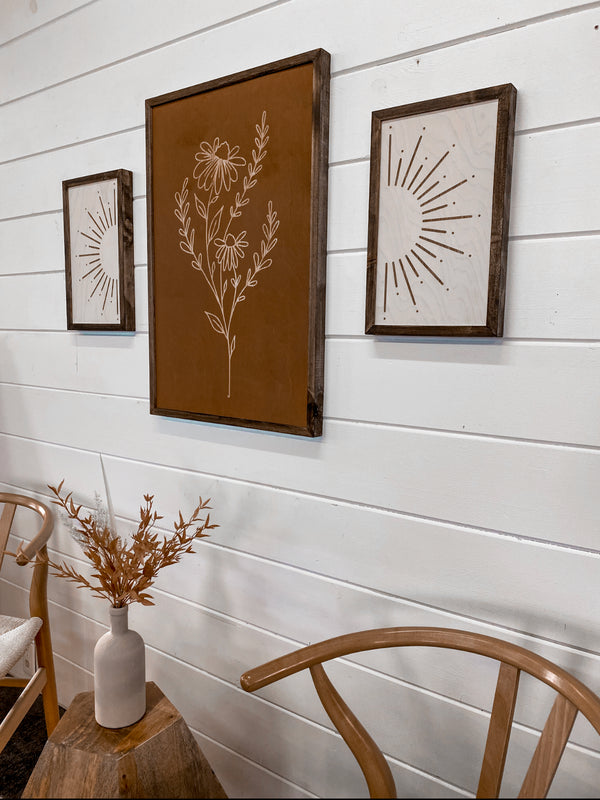3 Piece Hand Sketched Flower & Sunburst Wood Artwork