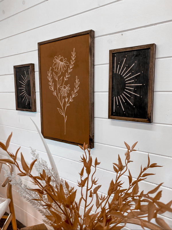3 Piece Hand Sketched Flower & Sunburst Wood Artwork