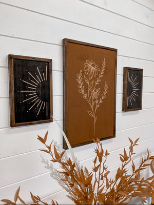 3 Piece Hand Sketched Flower & Sunburst Wood Artwork