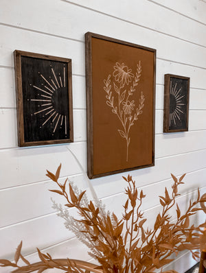 3 Piece Hand Sketched Flower & Sunburst Wood Artwork