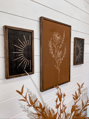 3 Piece Hand Sketched Flower & Sunburst Wood Artwork