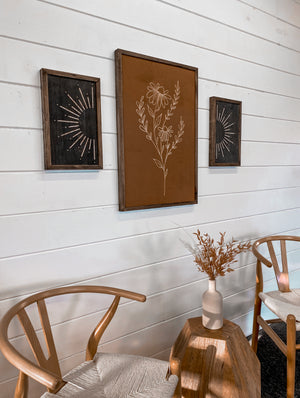 3 Piece Hand Sketched Flower & Sunburst Wood Artwork