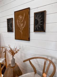 3 Piece Hand Sketched Flower & Sunburst Wood Artwork