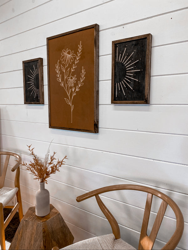 3 Piece Hand Sketched Flower & Sunburst Wood Artwork