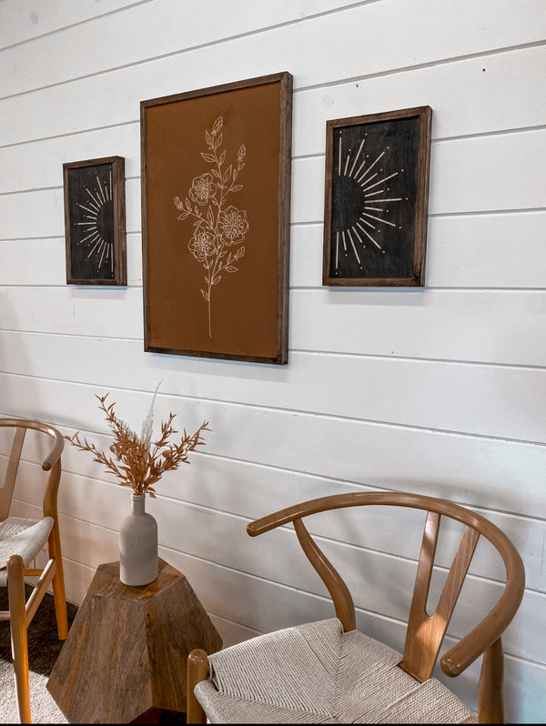 3 Piece Hand Sketched Flower & Sunburst Wood Artwork