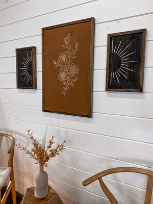3 Piece Hand Sketched Flower & Sunburst Wood Artwork