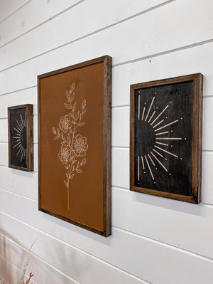 3 Piece Hand Sketched Flower & Sunburst Wood Artwork