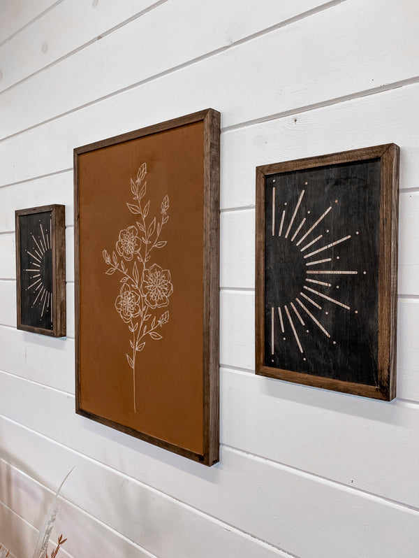 3 Piece Hand Sketched Flower & Sunburst Wood Artwork
