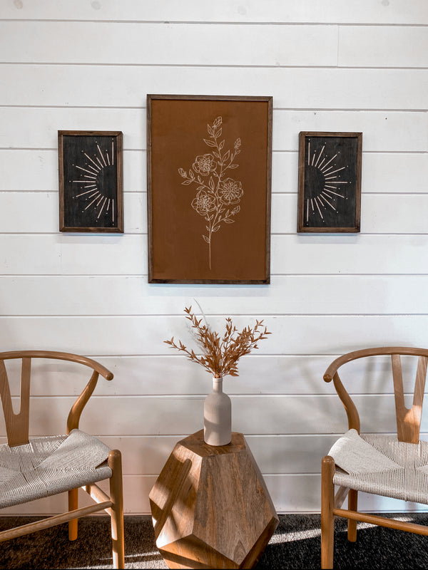 3 Piece Hand Sketched Flower & Sunburst Wood Artwork