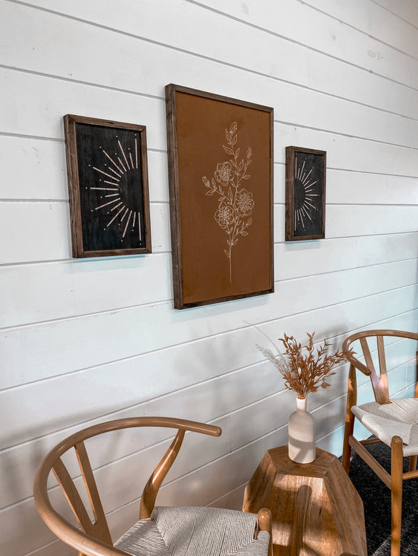 3 Piece Hand Sketched Flower & Sunburst Wood Artwork