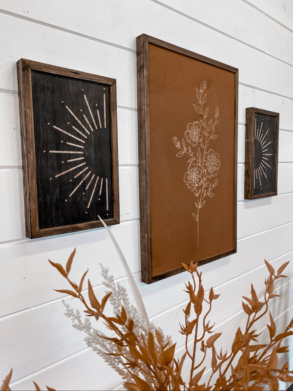 3 Piece Hand Sketched Flower & Sunburst Wood Artwork
