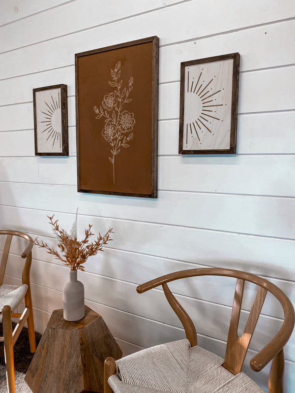 3 Piece Hand Sketched Flower & Sunburst Wood Artwork