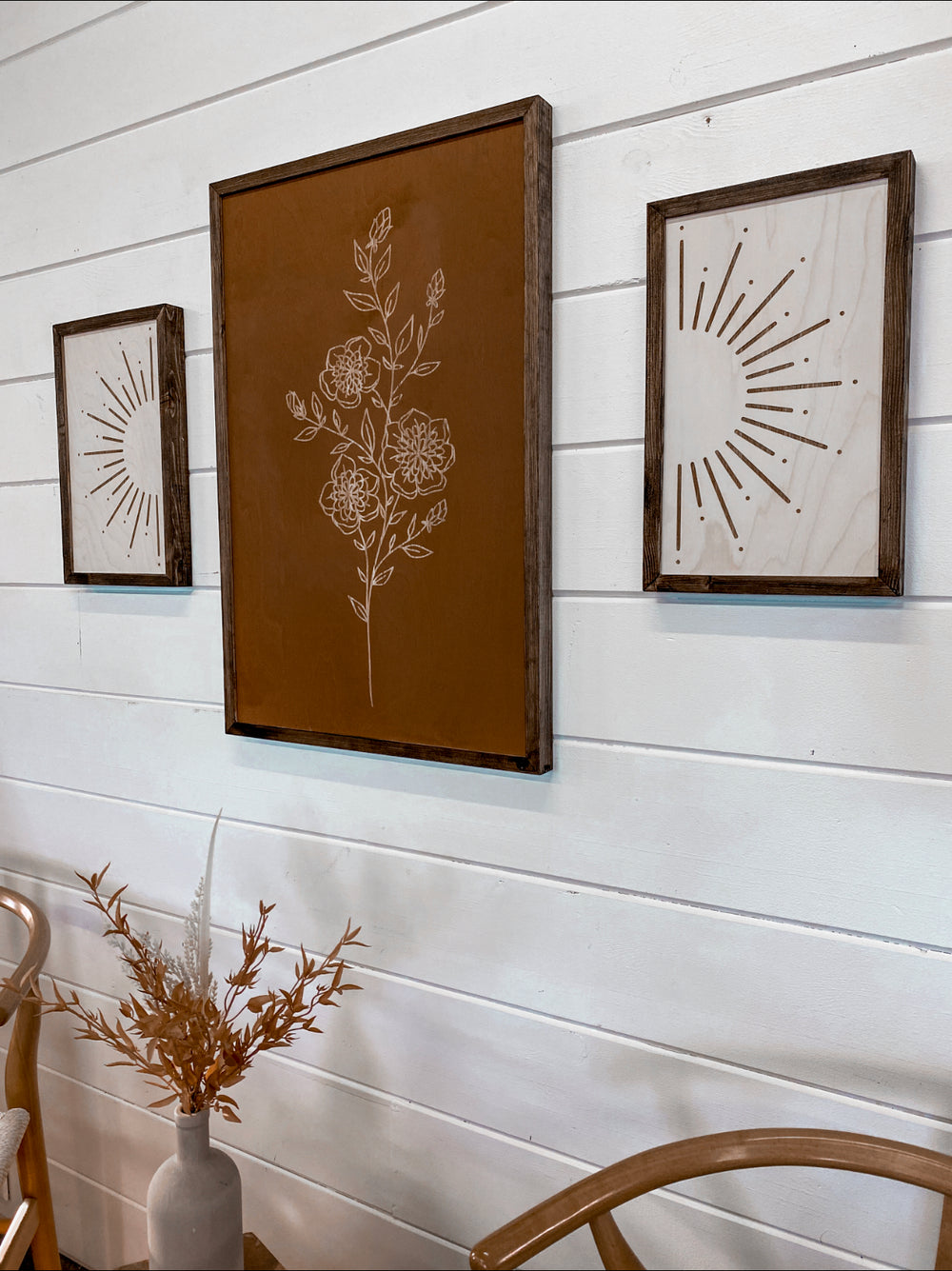 3 Piece Hand Sketched Flower & Sunburst Wood Artwork